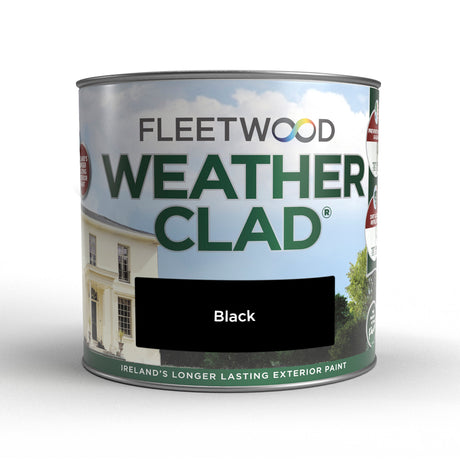 Fleetwood Weatherclad Black exterior masonry paint 1 litre tin with product branding and house imagery on label