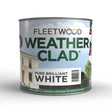 Fleetwood Weatherclad Pure Brilliant White exterior masonry paint 1 litre tin can with green and blue label showing white house imagery