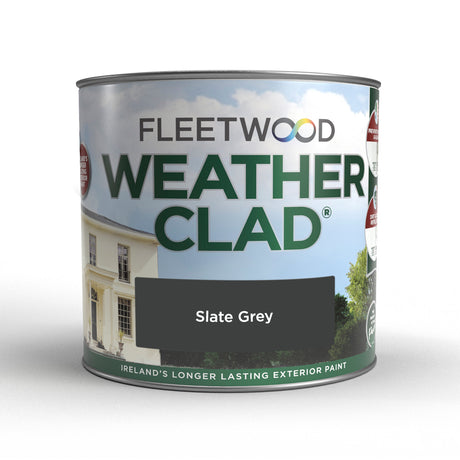 Fleetwood Weatherclad Slate Grey 1 litre exterior masonry paint tin with product branding and image of cream painted house with windows and greenery