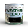 Fleetwood Weatherclad black exterior masonry paint 2.5 litre tin with product branding and image of white house on label