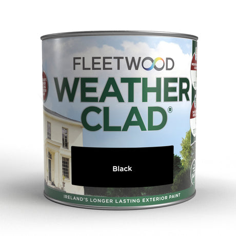 Fleetwood Weatherclad black exterior masonry paint 2.5 litre tin with product branding and image of white house on label