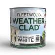 Fleetwood Weatherclad 2.5 litre tin of pure brilliant white exterior masonry paint with green and blue label showing a cream-coloured house, designed for Ireland's longer lasting weather protection