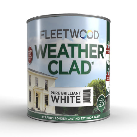 Fleetwood Weatherclad Pure Brilliant White exterior masonry paint 5 litre tin with green and white label showing a cream-coloured house with ivy, Ireland's longer lasting exterior paint product