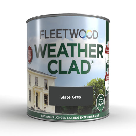 Fleetwood Weatherclad exterior masonry paint 5 litre tin in Slate Grey colour, showing product branding and a cream-coloured house example on the label, Ireland's longer lasting exterior paint
