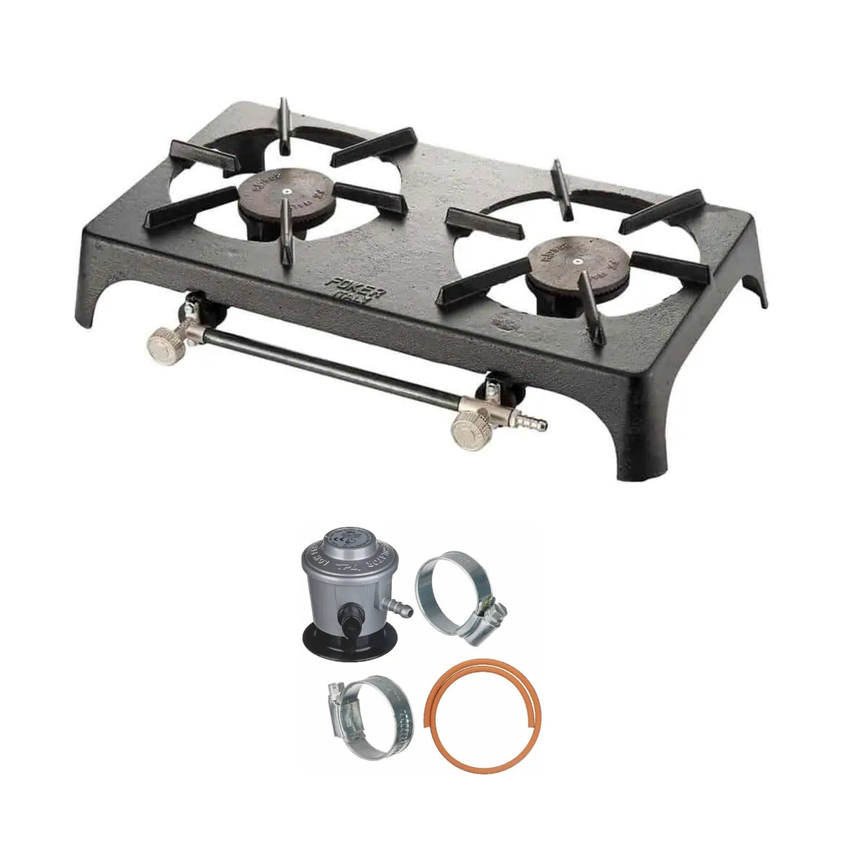 Foker cast iron double burner gas stove in black shown with the Easi Plumb jumbo gas regulator, orange 1.2m gas hose and two hose clips
