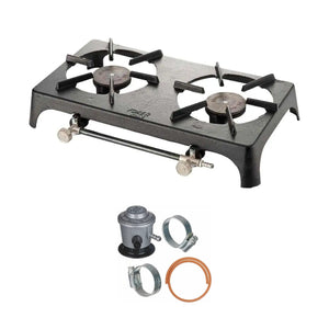 Foker cast iron double burner gas stove in black shown with the Easi Plumb jumbo gas regulator, orange 1.2m gas hose and two hose clips