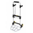 Safeline aluminium quick folding sack hand truck with silver aluminium frame, black handles and foot platform, yellow wheels, and integrated straps for securing cargo