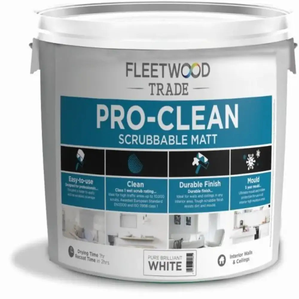 Fleetwood Trade Pro-Clean Scrubable Matt white paint 5 litre bucket with teal and black label showing product features and interior walls application