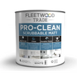 Fleetwood Trade Pro-Clean Scrubable Matt Pure Brilliant White 2.5 litre paint can for interior walls and ceilings with easy-to-use, clean and durable finish specifications