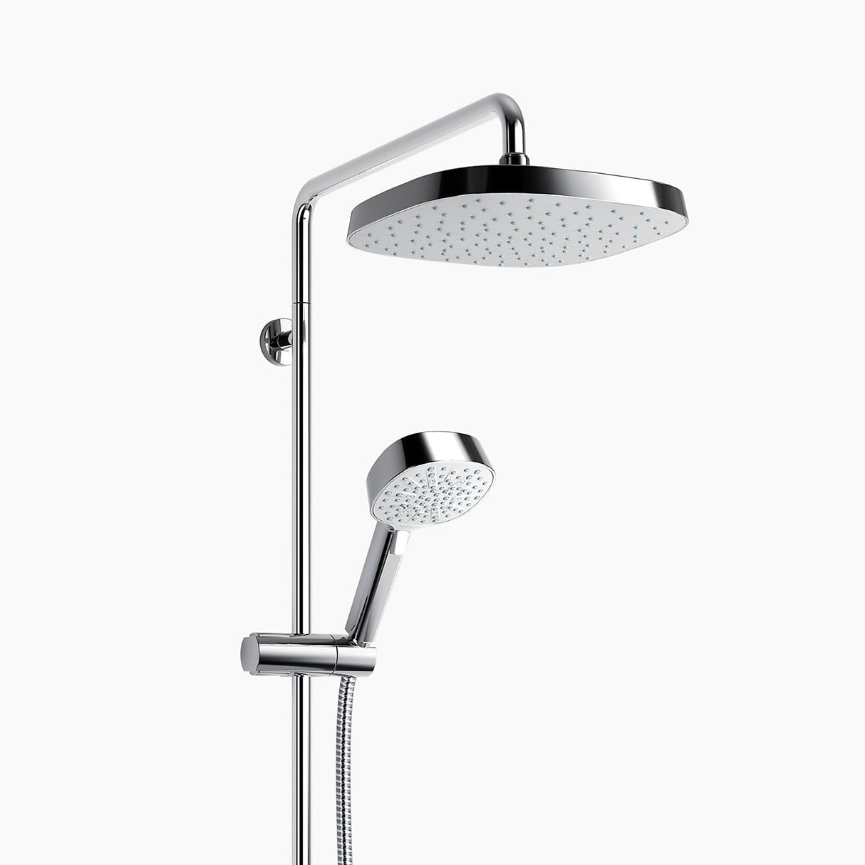 Chrome shower head and handheld shower on a white background