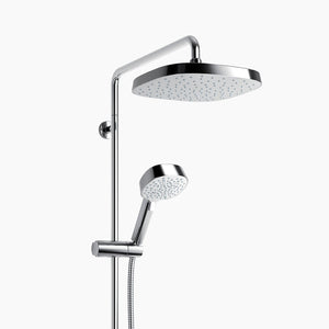 Chrome shower head and handheld shower on a white background