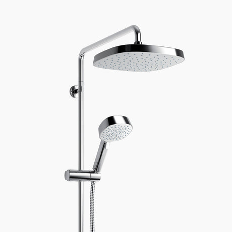 Chrome shower head and handheld shower on a white background