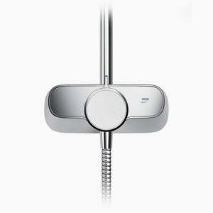 Chrome shower head and handheld shower on a white background