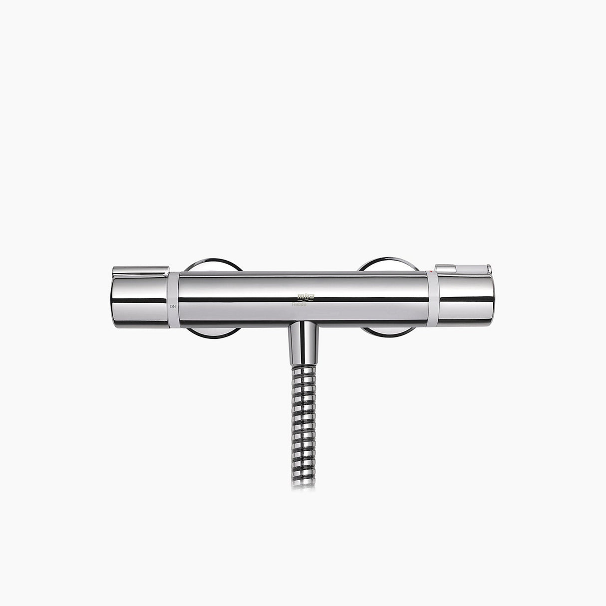 Mira Relate exposed bar mixer shower in polished chrome with dual circular handles and coiled hose connection