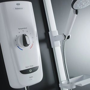 Mira Advance white electric shower unit with temperature control dial numbered 1-9, start stop power button, and chrome flexible hose with overhead rainfall showerhead