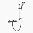 black shower head with hose and control on a white background