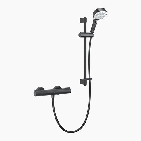 black shower head with hose and control on a white background