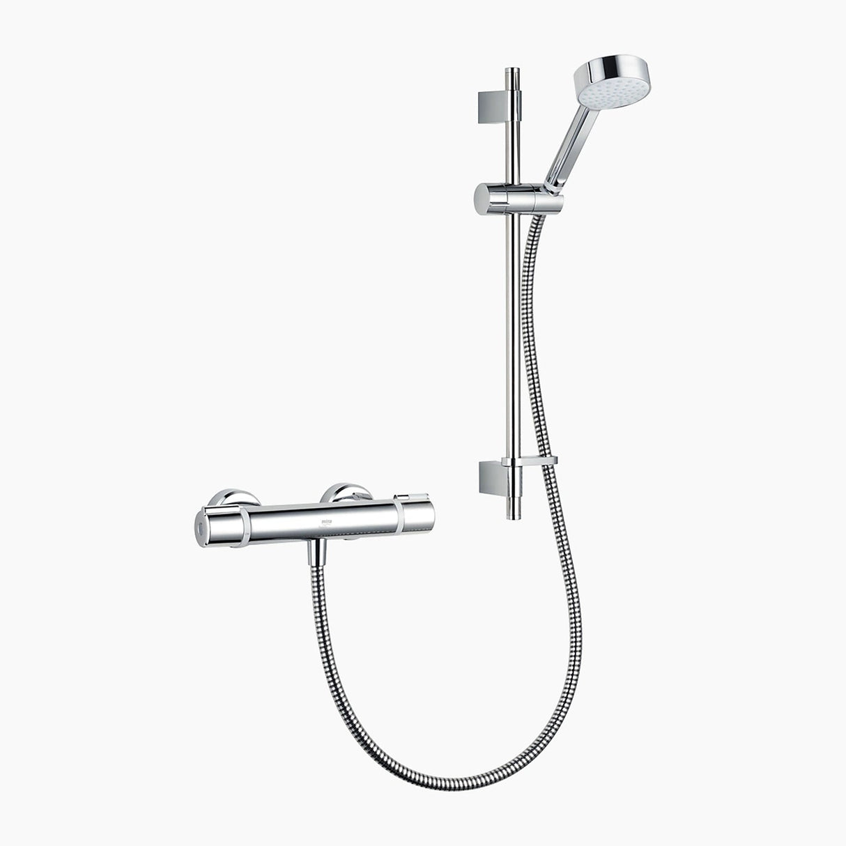 Mira Relate exposed bar mixer shower in polished chrome with round showerhead, handheld spray, flexible hose and wall-mounted thermostatic valve