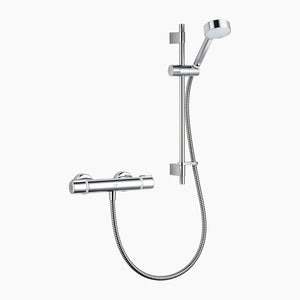 Mira Relate exposed bar mixer shower in polished chrome with round showerhead, handheld spray, flexible hose and wall-mounted thermostatic valve