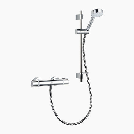 Mira Relate exposed bar mixer shower in polished chrome with round showerhead, handheld spray, flexible hose and wall-mounted thermostatic valve
