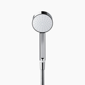 Mira Relate exposed bar mixer shower in polished chrome with round rainfall showerhead and flexible hose connection