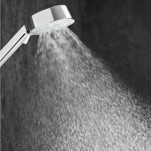 Chrome shower head and handheld shower on a white background