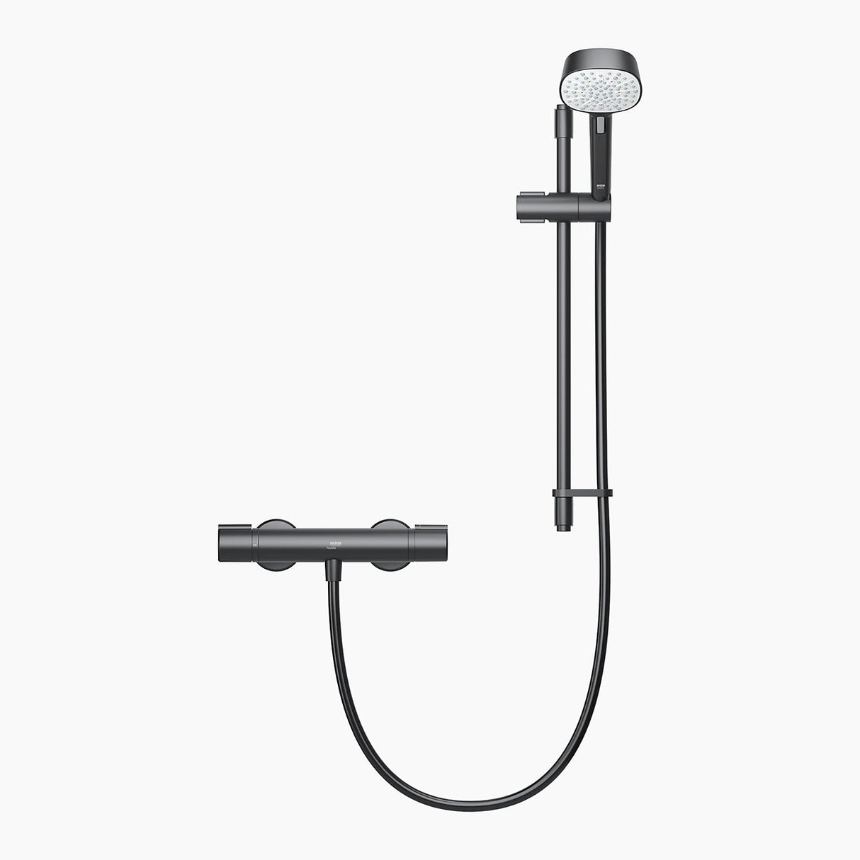 black shower head with hose and control on a white background
