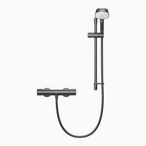 black shower head with hose and control on a white background