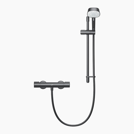 black shower head with hose and control on a white background