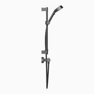 black shower head with hose and control on a white background