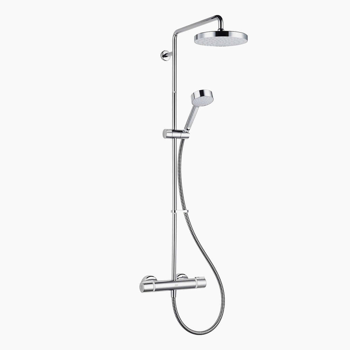 Chrome finished dual shower head with control on a white backgorund