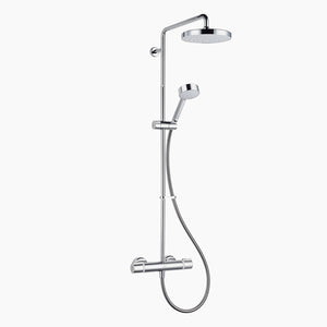 Chrome finished dual shower head with control on a white backgorund