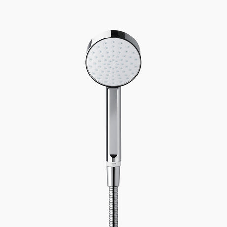 Chrome finished dual shower head with control on a white backgorund