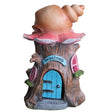 Whimsical garden snail house with pink shell roof, brown wooden trunk base, blue arched door, pink windows, green moss accents and welcome banner, featuring solar light technology for outdoor decoration