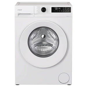 Candy Quick Pro white front-load washing machine with 8kg capacity, 1200 spin speed, digital display showing 00:14, control knob and buttons on top panel, stainless steel drum visible through large circular glass door, compact modern design