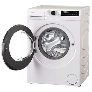 Candy Quick Pro white front-loading washing machine with 8kg capacity, 1200 spin speed, black door ring open showing stainless steel drum, digital display and control panel, viewed at three-quarter angle