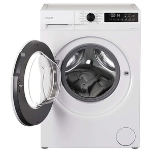 White Candy Quick Pro 8kg washing machine with 1200 spin speed, front-loading design with open door displaying dark laundry inside, digital display showing 00:14 timer, control panel with knob and buttons on top, grey trim around door and base
