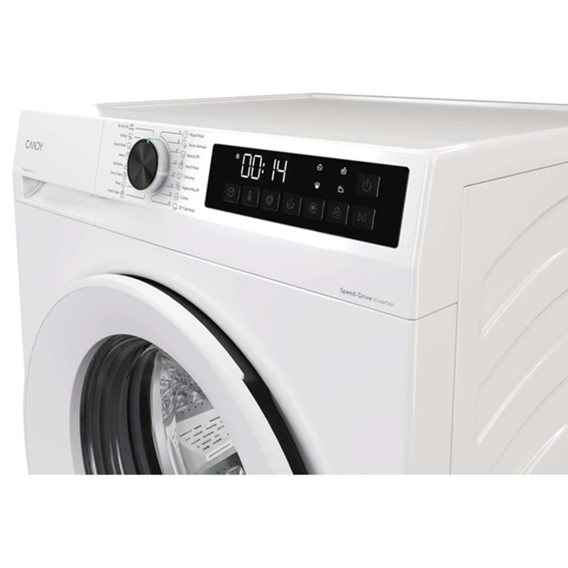 White Candy Quick Pro 8kg washing machine with 1200 spin speed, featuring digital display showing 00:14, rotary dial control, touch buttons, and black rubber door seal on front-loading drum