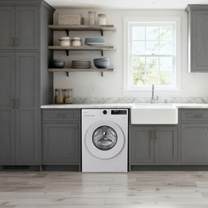 White Candy Quick Pro 8kg 1200 spin washing machine integrated into a modern gray laundry room with white farmhouse sink, marble countertop, floating shelves, and wood-look flooring