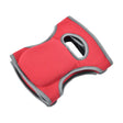Red and grey padded garden knee pads with textured fabric surface and oval eye holes for hand grip, displayed against white background