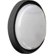 Greenlamp Vega 18w LED round bulkhead light fixture with black exterior casing and white diffuser, IP65 rated outdoor wall or ceiling mounted lamp