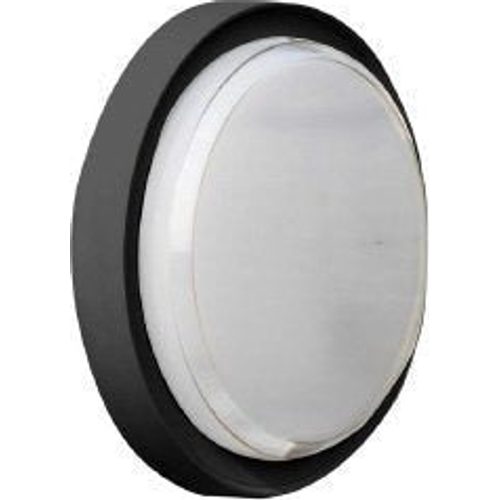 Greenlamp Vega 18w LED round bulkhead light fixture with black exterior casing and white diffuser, IP65 rated outdoor wall or ceiling mounted lamp