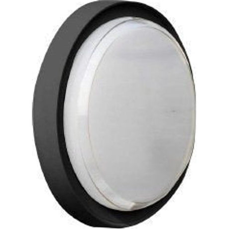 Greenlamp Vega 18w LED round bulkhead light fixture with black exterior casing and white diffuser, IP65 rated outdoor wall or ceiling mounted lamp