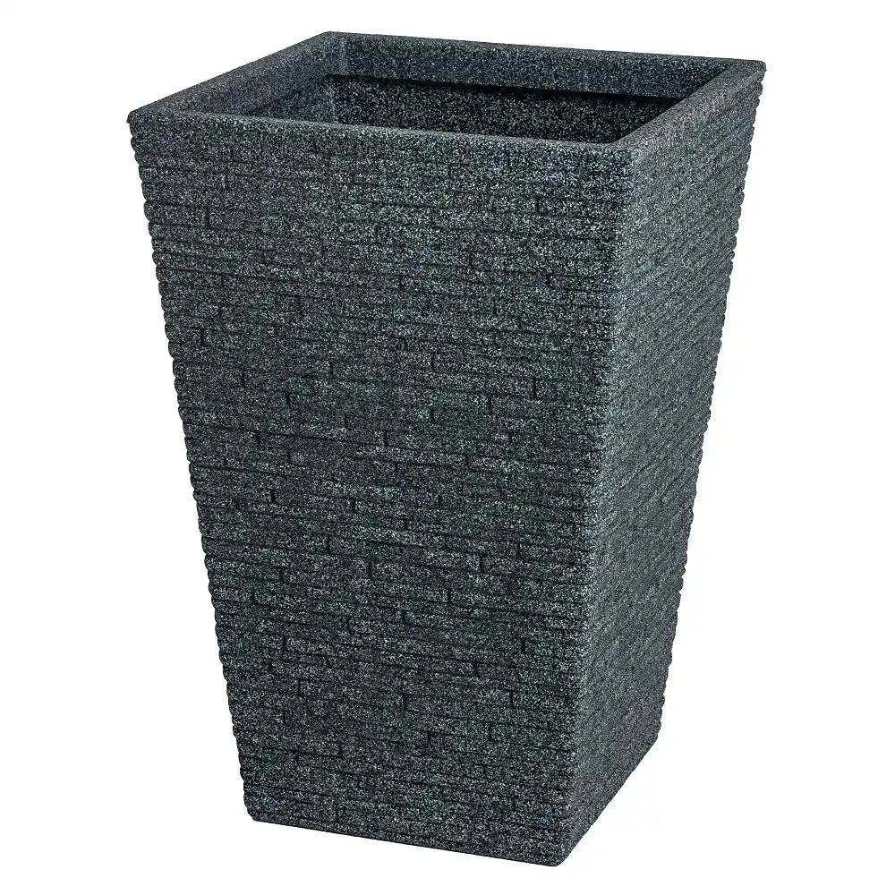 Strata Slate tall garden planter pot in ash grey with textured stone brick pattern finish, square tapered design isolated on white background
