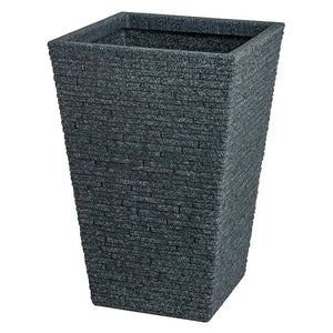 Strata Slate tall garden planter pot in ash grey with textured stone brick pattern finish, square tapered design isolated on white background