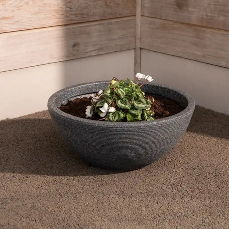 Gray textured concrete garden planter bowl with white flowering plant and green foliage on gravel ground with wooden fence background