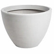 Strata Valencia medium garden planter in stone with textured horizontal ridged design and wide rim, viewed from front angle