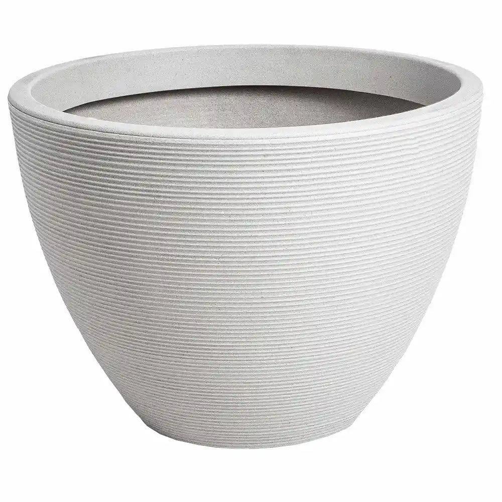 Strata Valencia medium garden planter in stone with textured horizontal ridged design and wide rim, viewed from front angle