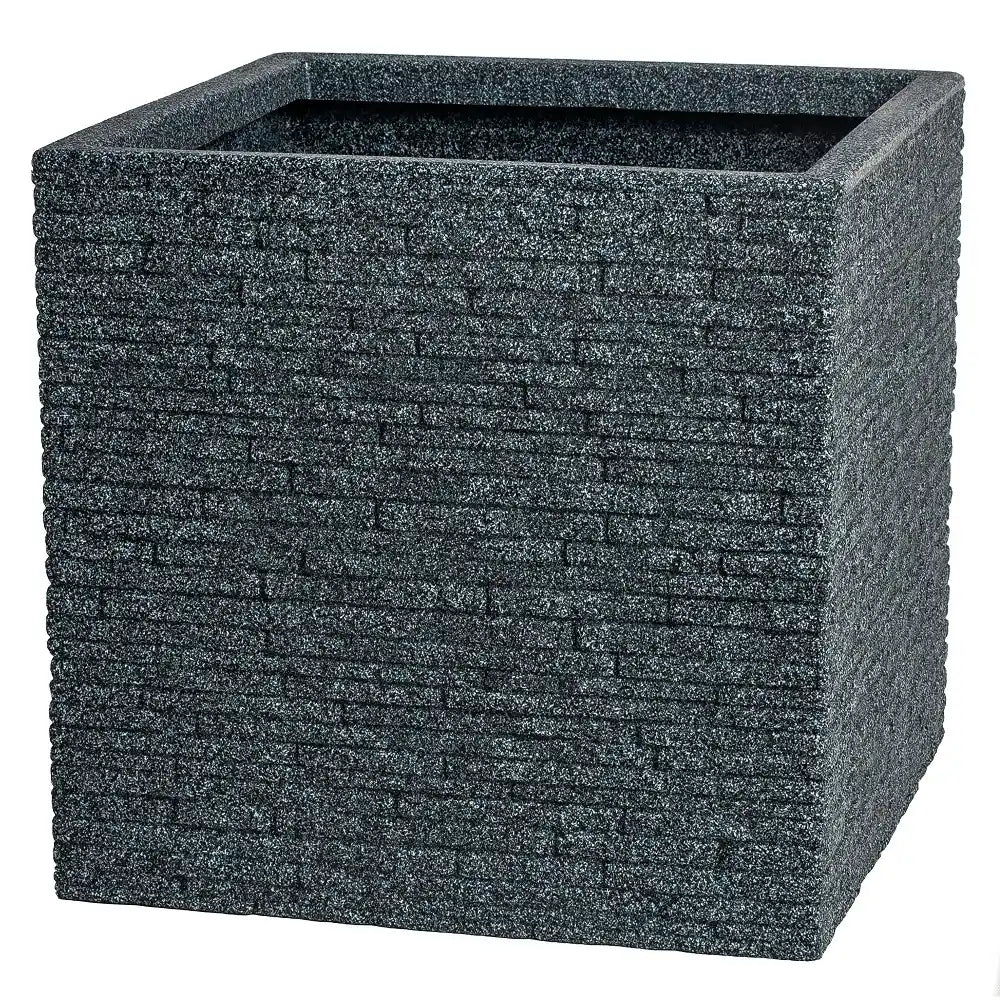 Strata Slate Square Garden Planter Pot in ash grey with textured brick pattern finish, empty cubic container for outdoor planting