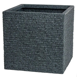Strata Slate Square Garden Planter Pot in ash grey with textured brick pattern finish, empty cubic container for outdoor planting
